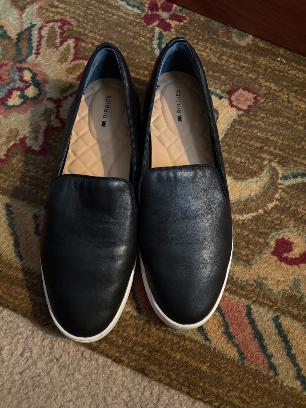 Birdies Black Slip-On Leather Sneakers with White Sole